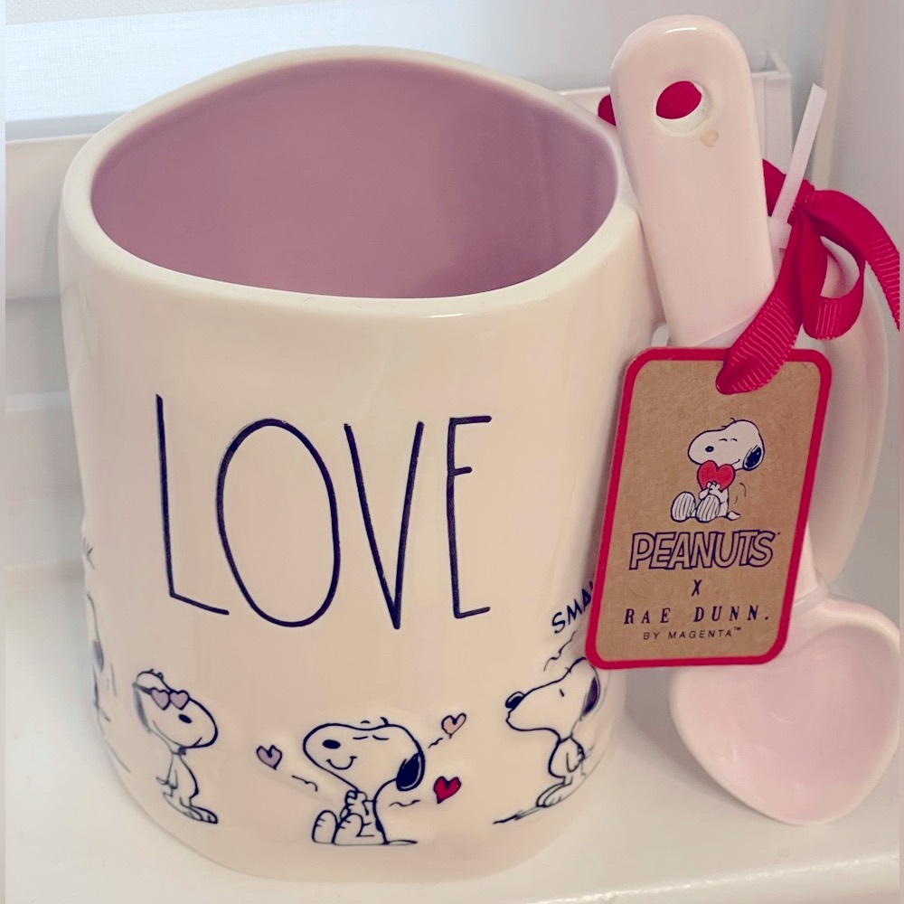 Rae Dunn x Peanuts Ceramic Coffee Mug with Spoon “LOVE”